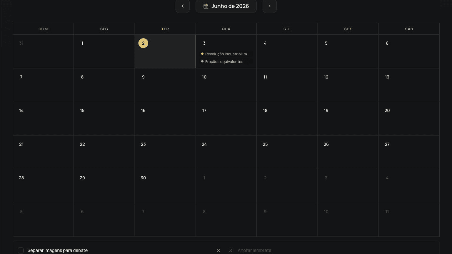 Agenda do Lumen com aulas e atividades planejadas